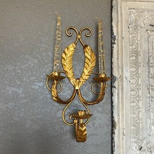 Vintage Gilded Gold Italian Style Metal 3 Arm Wall Sconce Hollywood Regency